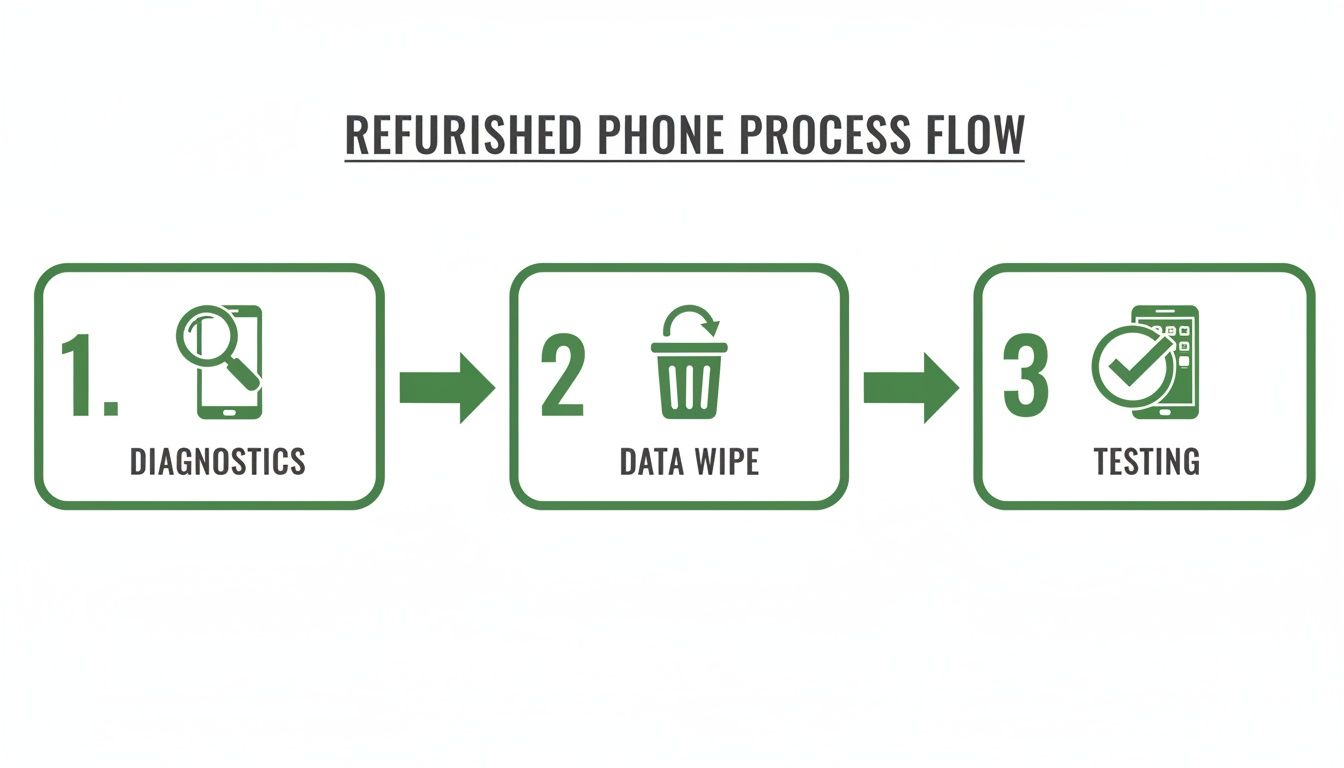 Flowchart illustrating the three steps for a refurbished phone process: diagnostics, data wipe, and testing.