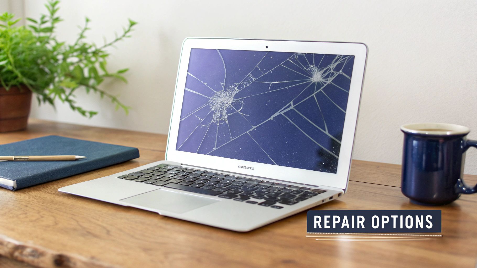 A silver MacBook Air with a severely cracked screen sits on a wooden desk, suggesting repair options.