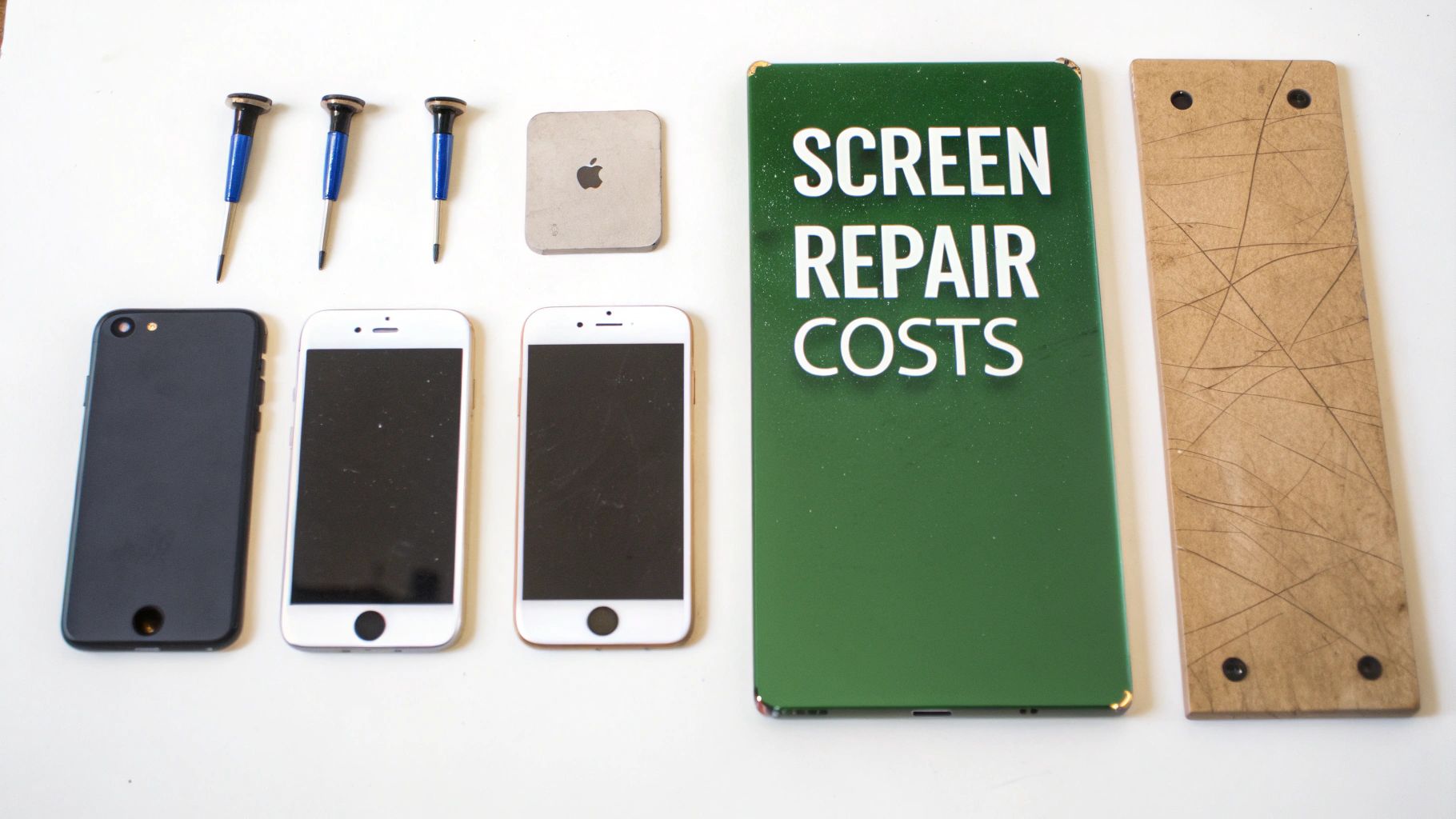 Screwdrivers, various iPhones, and a sign with 'SCREEN REPAIR COSTS' on a white background, suggesting a repair setup.
