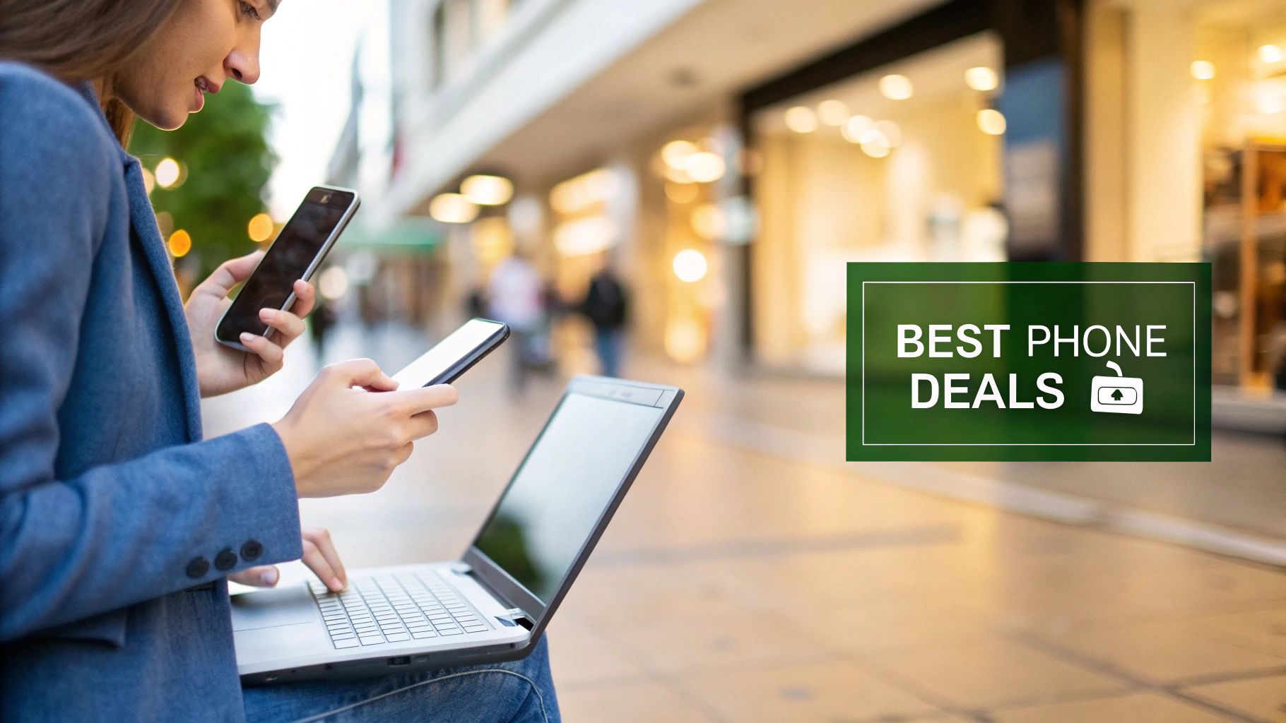 Woman comparing mobile phone deals on smartphone and laptop in shopping mall