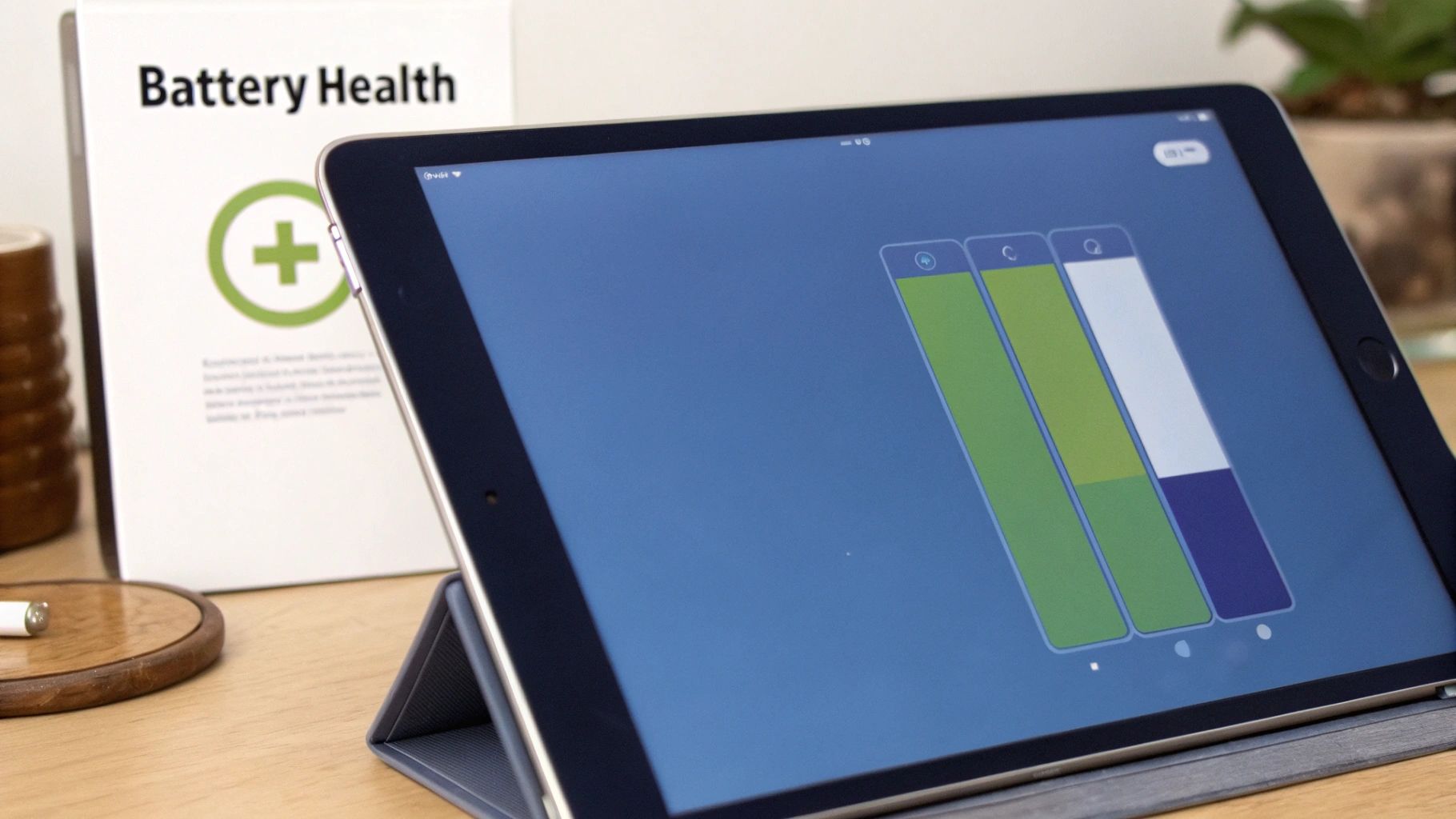 An iPad displaying battery health information with green and blue bars, next to a 'Battery Health' book.