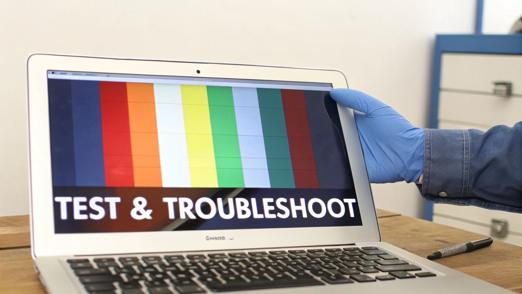 A blue-gloved hand touches a MacBook Air screen displaying a colorful test pattern and 'TEST & TROUBLESHOOT'.