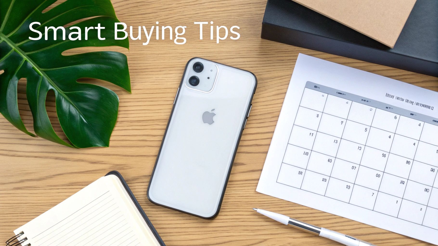 Flat lay of a wooden desk with an iPhone, plant, notebook, calendar, pen, and 'Smart Buying Tips' text.