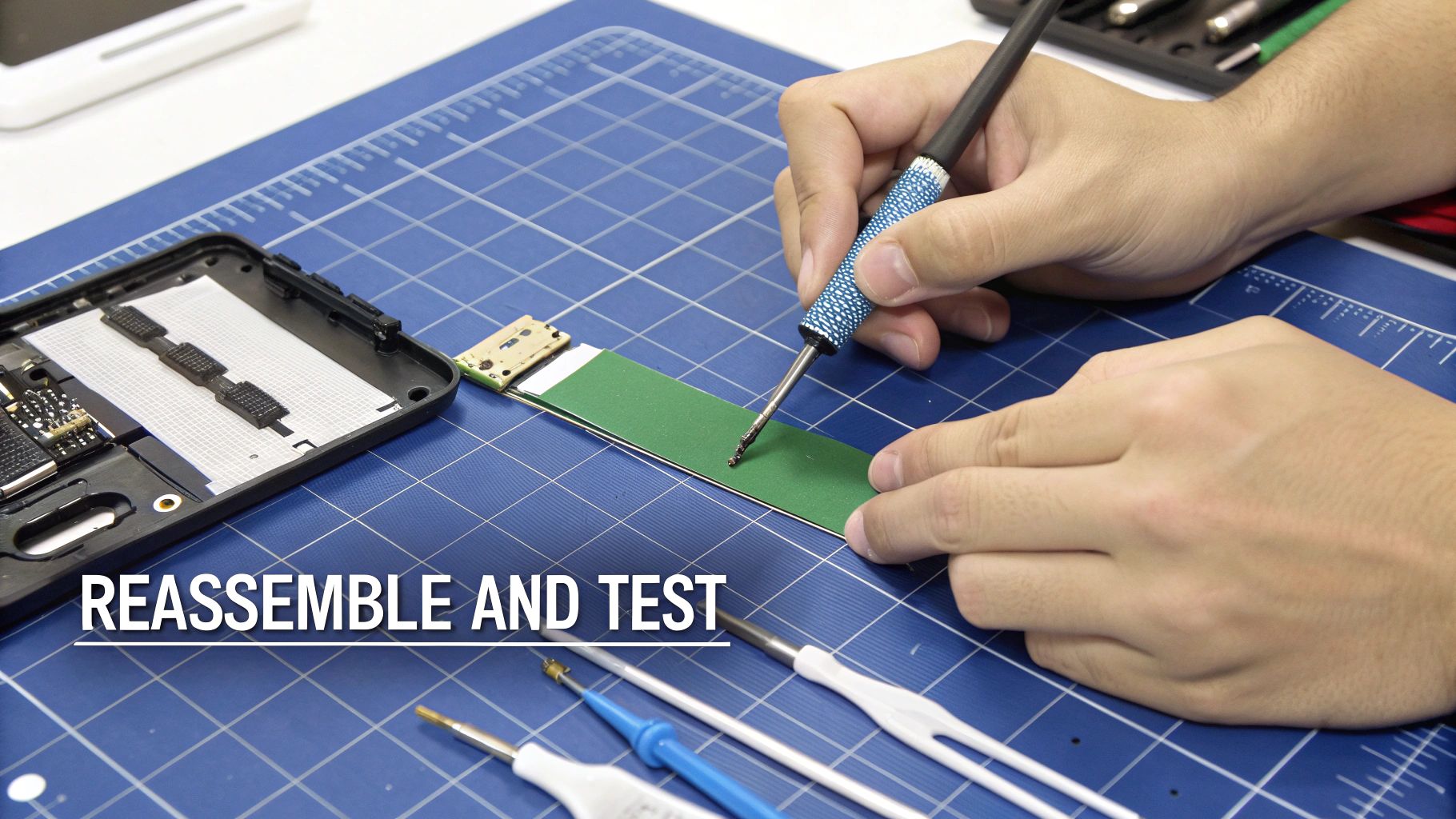 A technician carefully reassembling a smartphone on a clean, well-lit workbench.