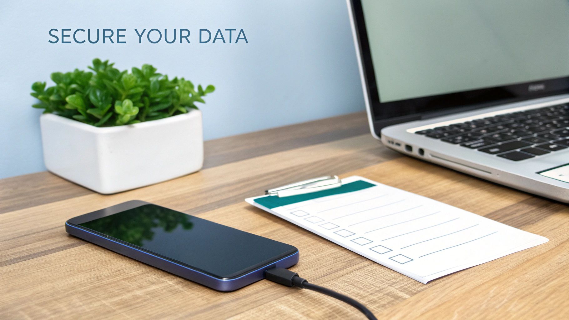 A desk with a laptop, smartphone charging, notepad, and plant, featuring the text 'SECURE YOUR DATA'.