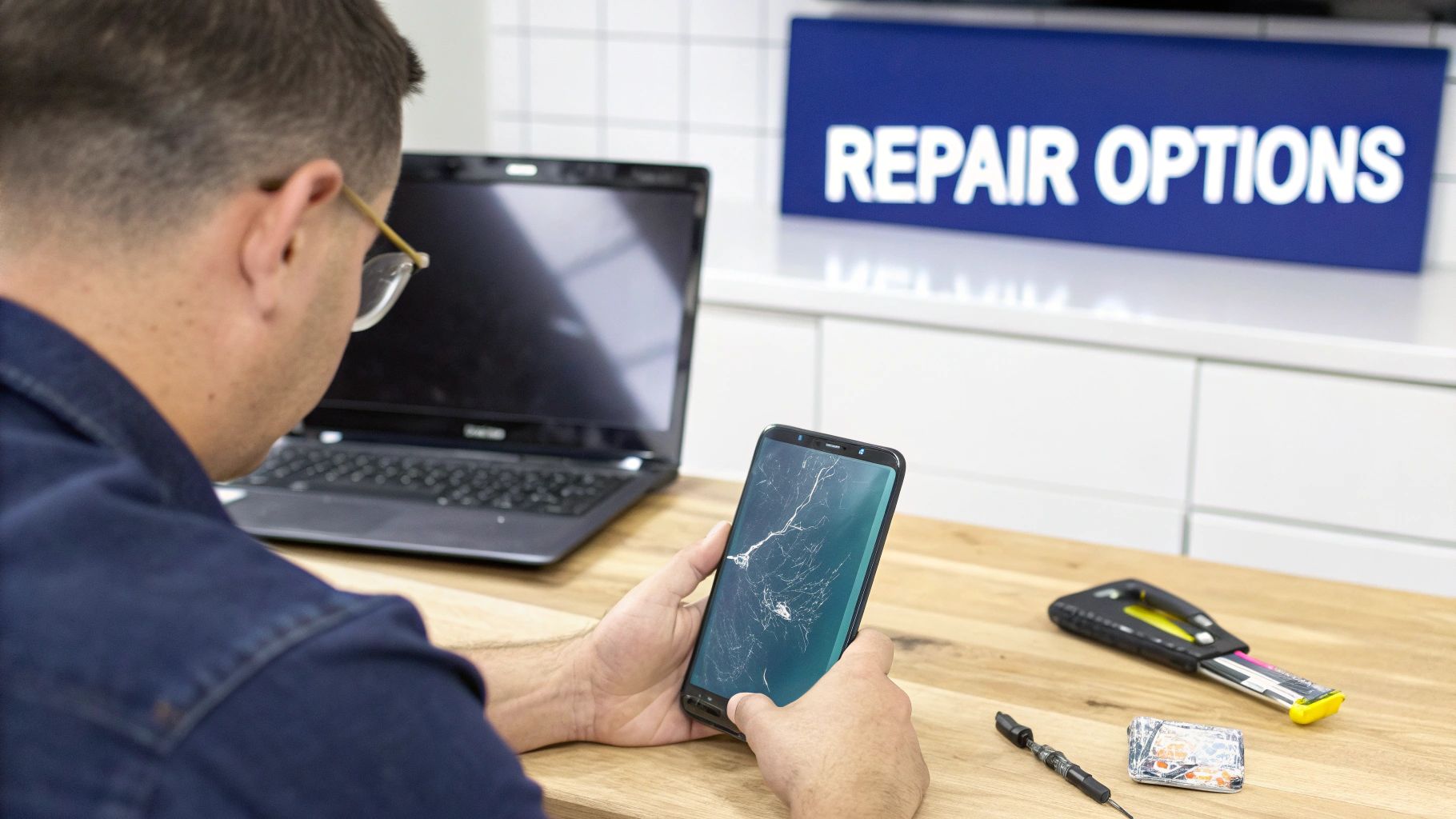 A person's hands carefully working on repairing a Samsung phone screen with specialized tools.