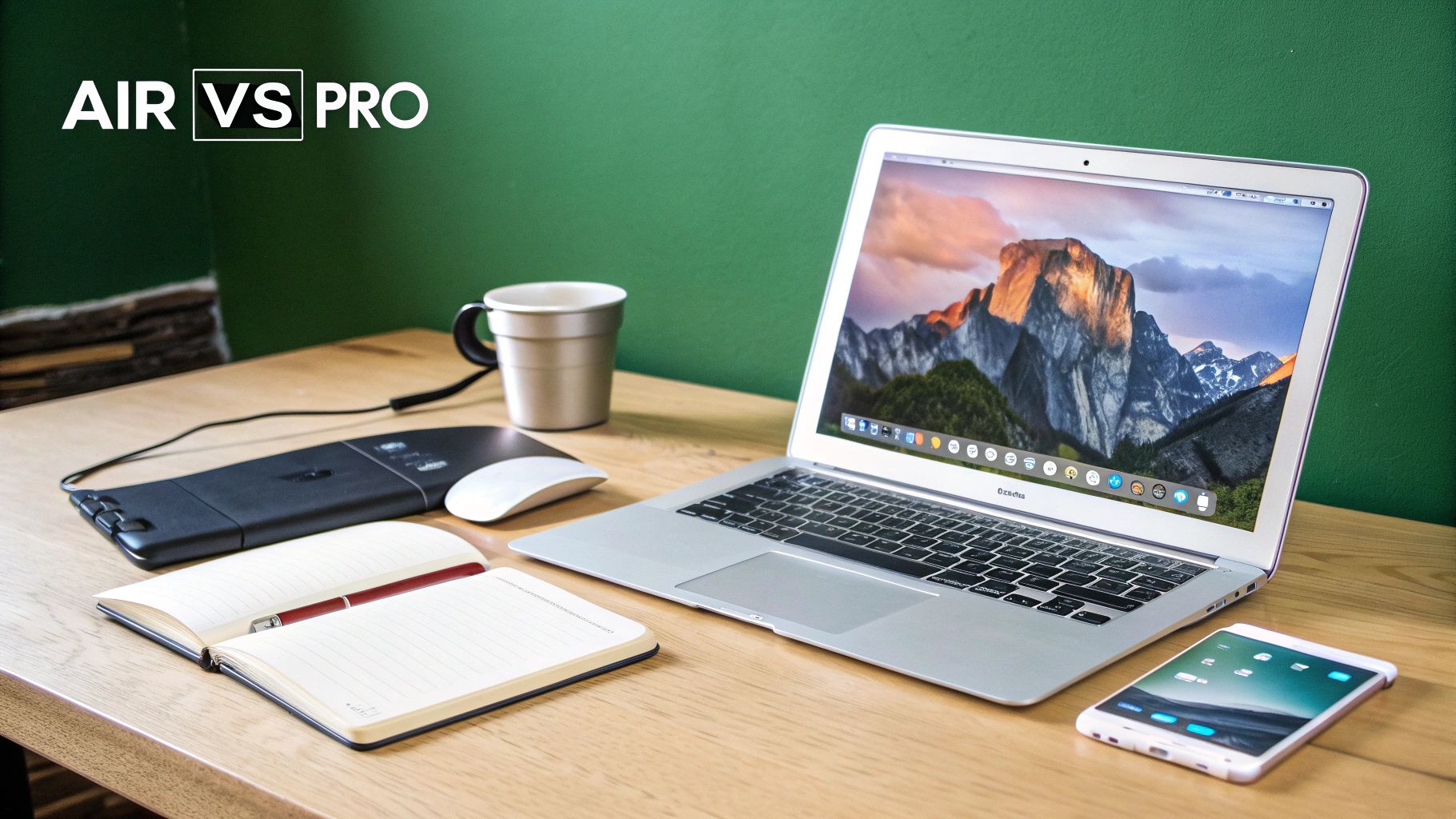 A well-organized workspace featuring a silver MacBook Air, smartphone, notebook, and coffee mug on a wooden desk.