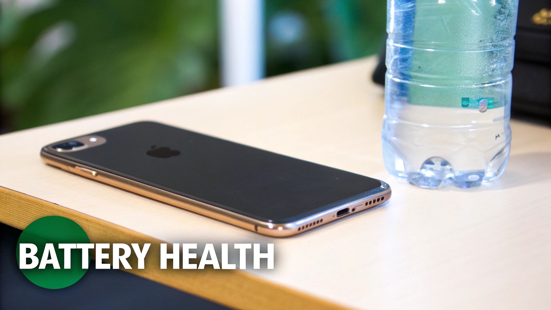 A black iPhone with gold edges lies on a light wooden table next to a water bottle, with 'BATTERY HEALTH' text.