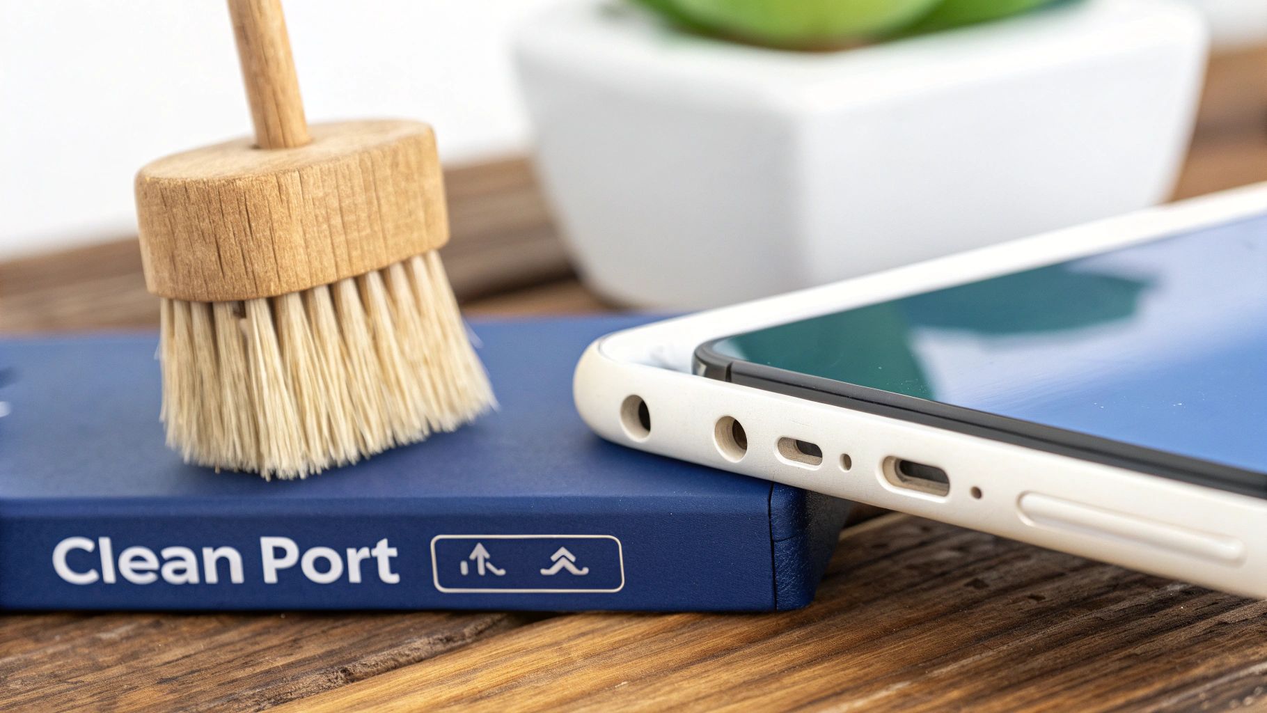 A close-up shot of a person carefully cleaning an iPhone's charging port with a small, non-metallic tool.