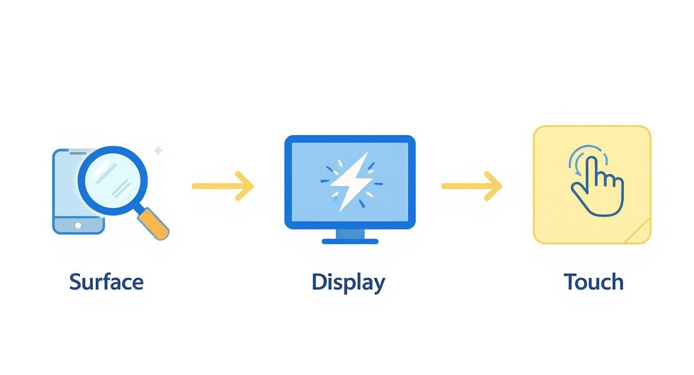 An infographic showing a three-step process for assessing phone screen damage, with icons for surface, display, and touch.