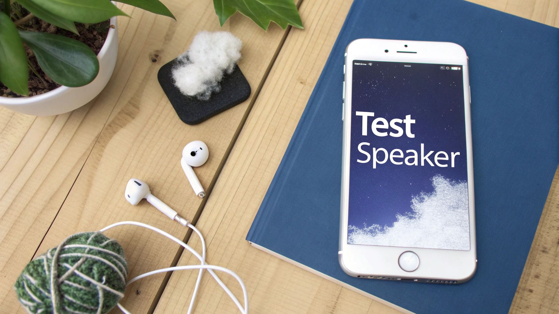 A white iPhone displaying "Test Speaker" on a dark blue background, next to white wired earbuds and a green plant on a wooden desk.