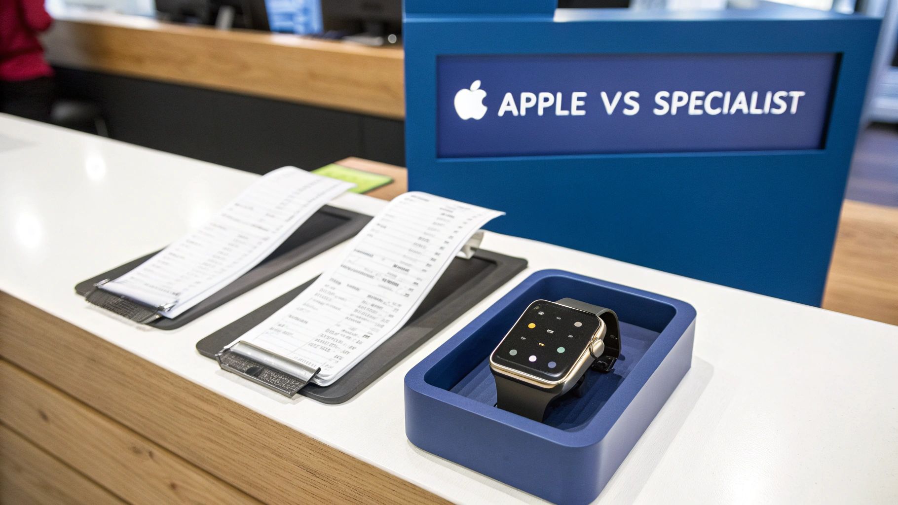 An Apple Watch with a damaged screen next to a pristine one, symbolising the choice between repair options in Brisbane.