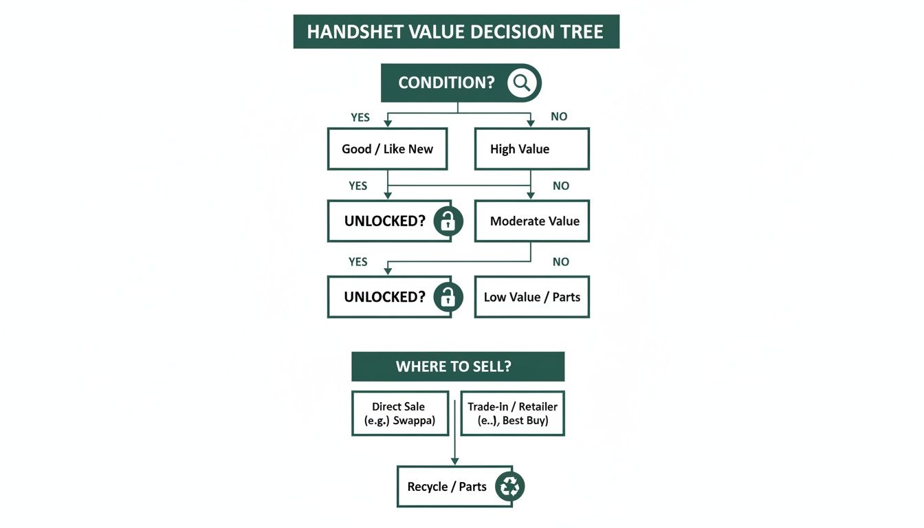A decision tree illustrating how to determine handset value and where to sell it based on condition and unlock status.