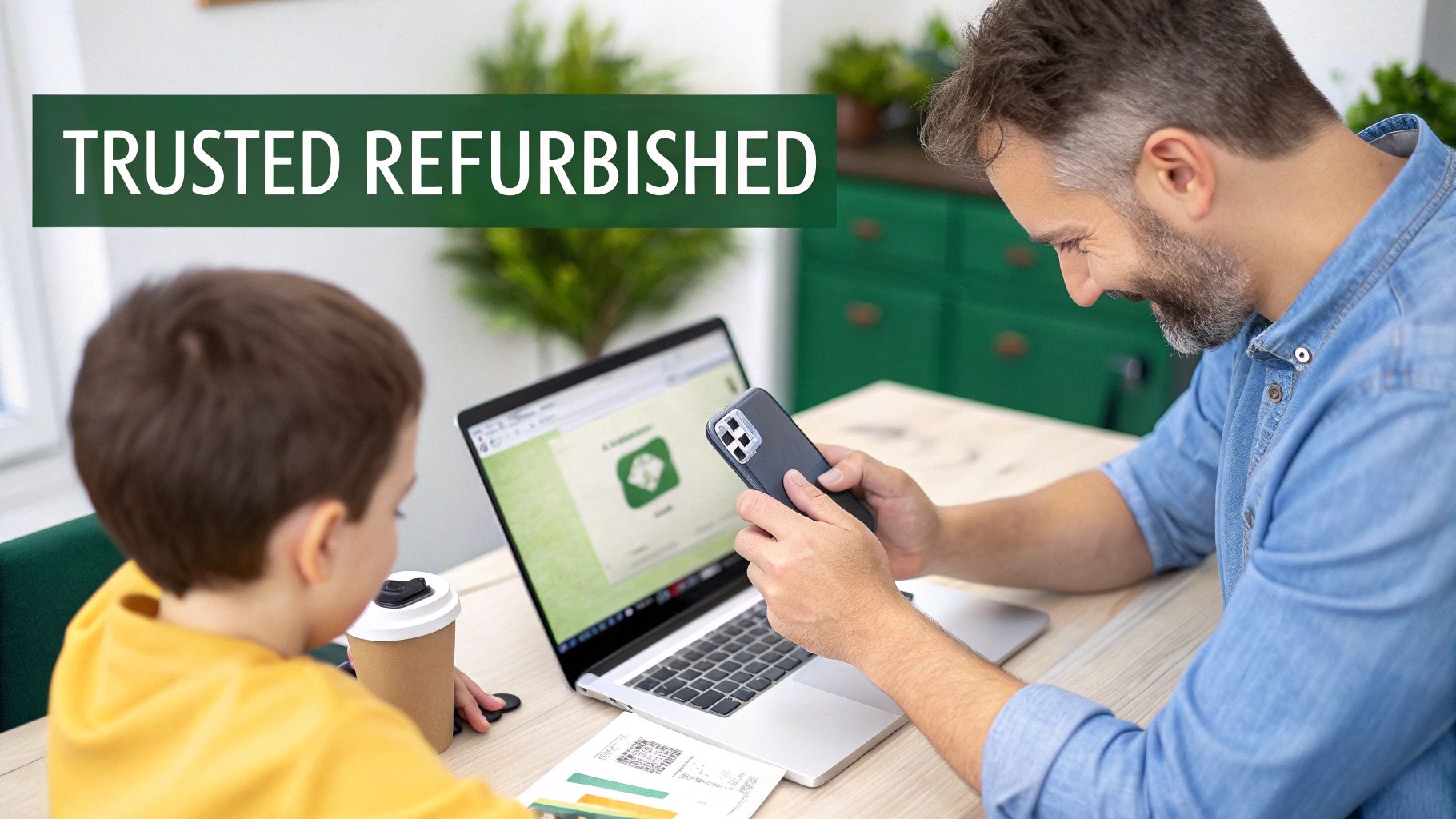 A smiling man scans a laptop with his smartphone next to a child, under 'TRUSTED REFURBISHED' banner.
