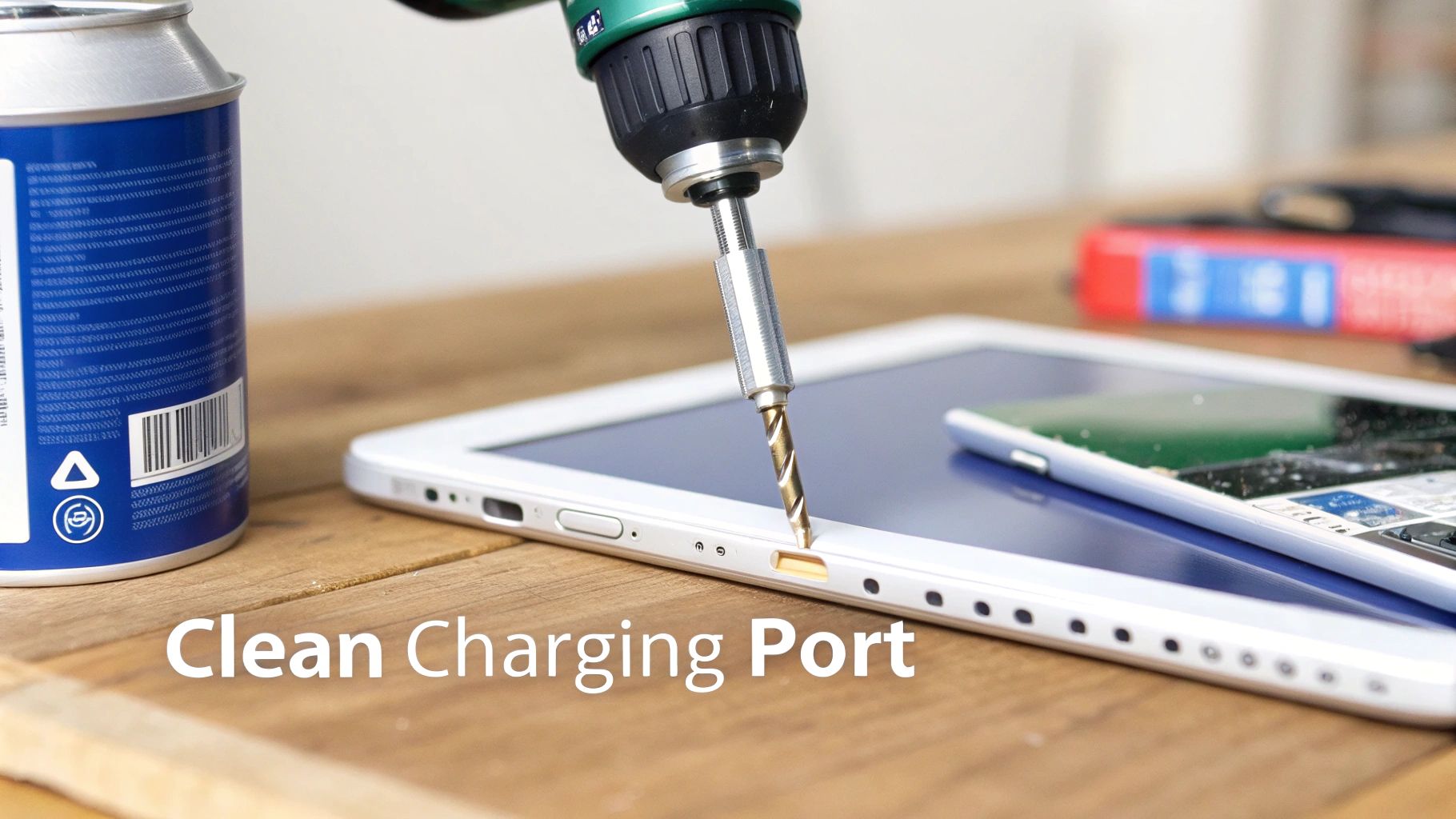 A close-up shows a drill bit inserted into the charging port of a white tablet, suggesting a dangerous cleaning method.
