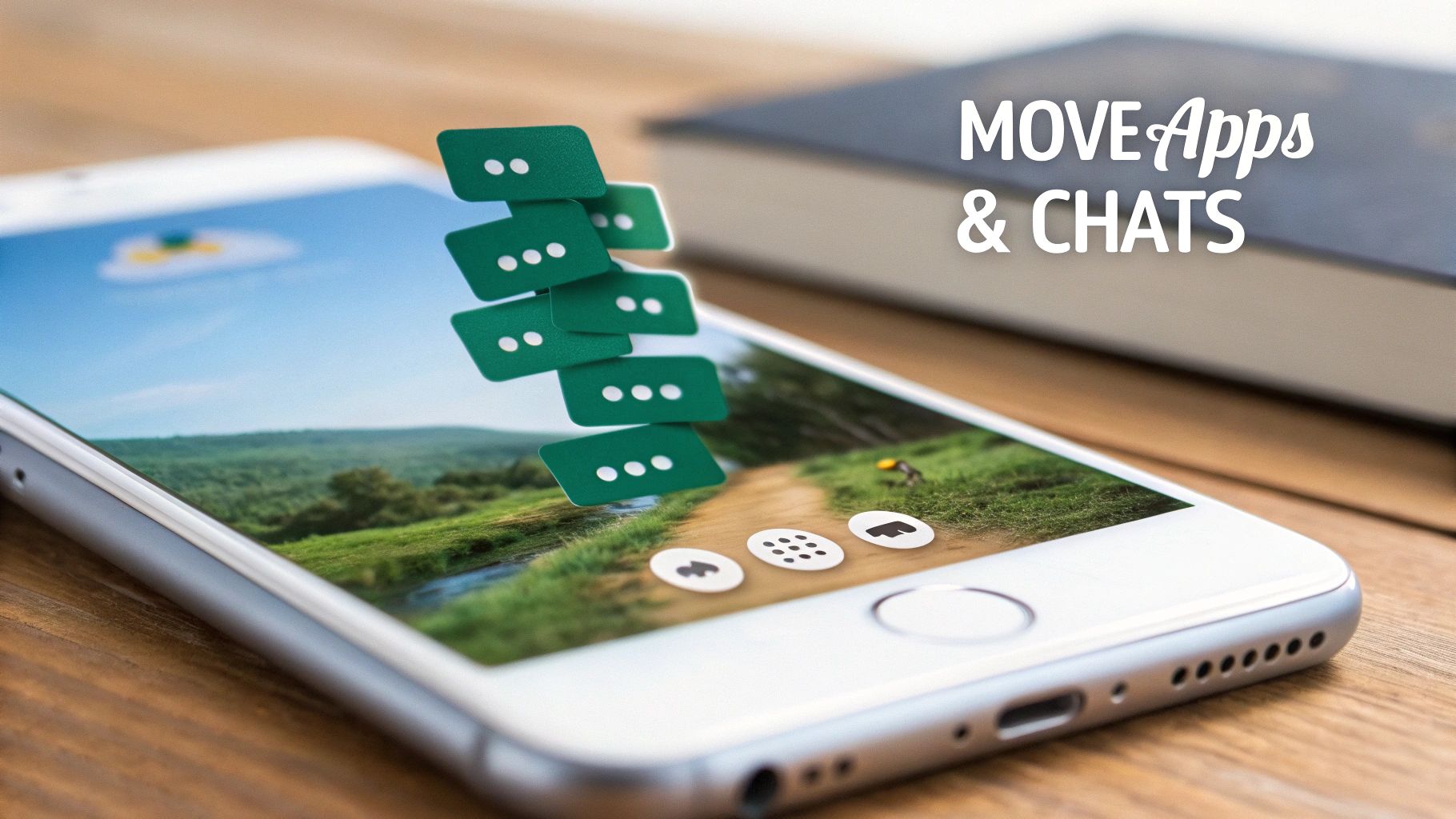 A silver iPhone on a wooden table with green chat bubbles floating above the screen, displaying 'MOVE Apps & CHATS'.