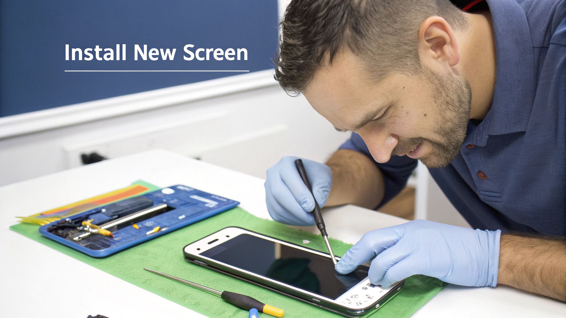 A technician carefully placing a new screen onto a Google Pixel phone frame.