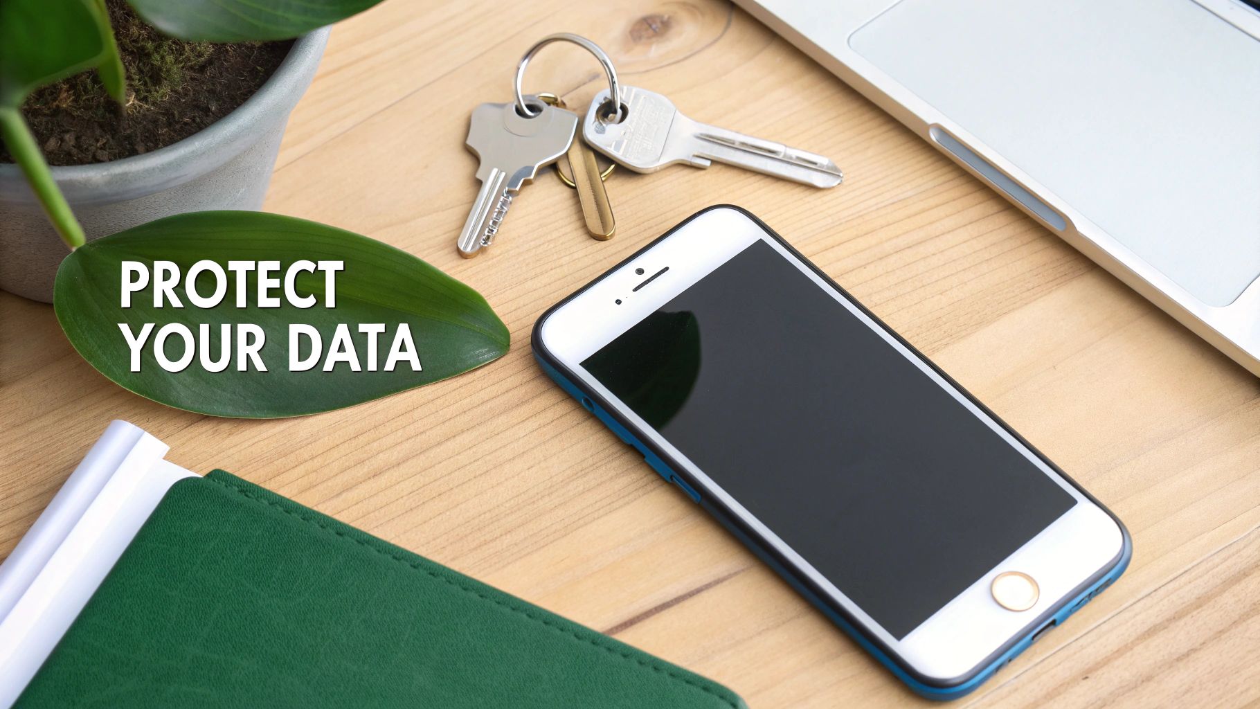 A close-up of a desk with a plant, keys, smartphone, and laptop, featuring 'PROTECT YOUR DATA' text.