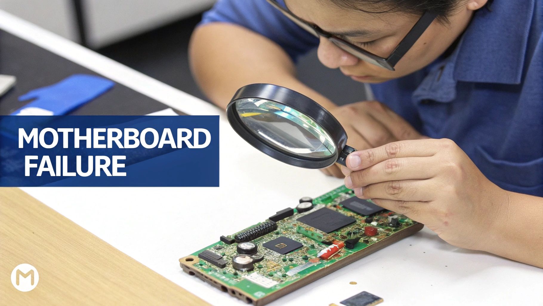 A person in glasses carefully inspects a circuit board with a magnifying glass, focusing on potential motherboard failure.
