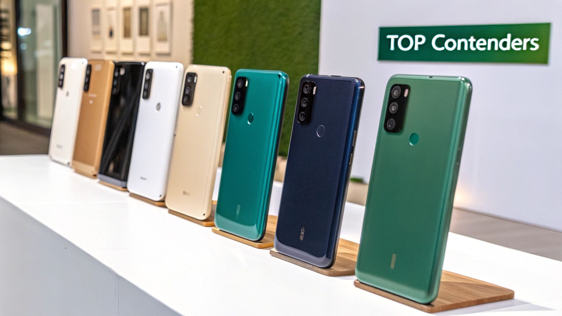 Three popular budget smartphones from different brands lined up next to each other.