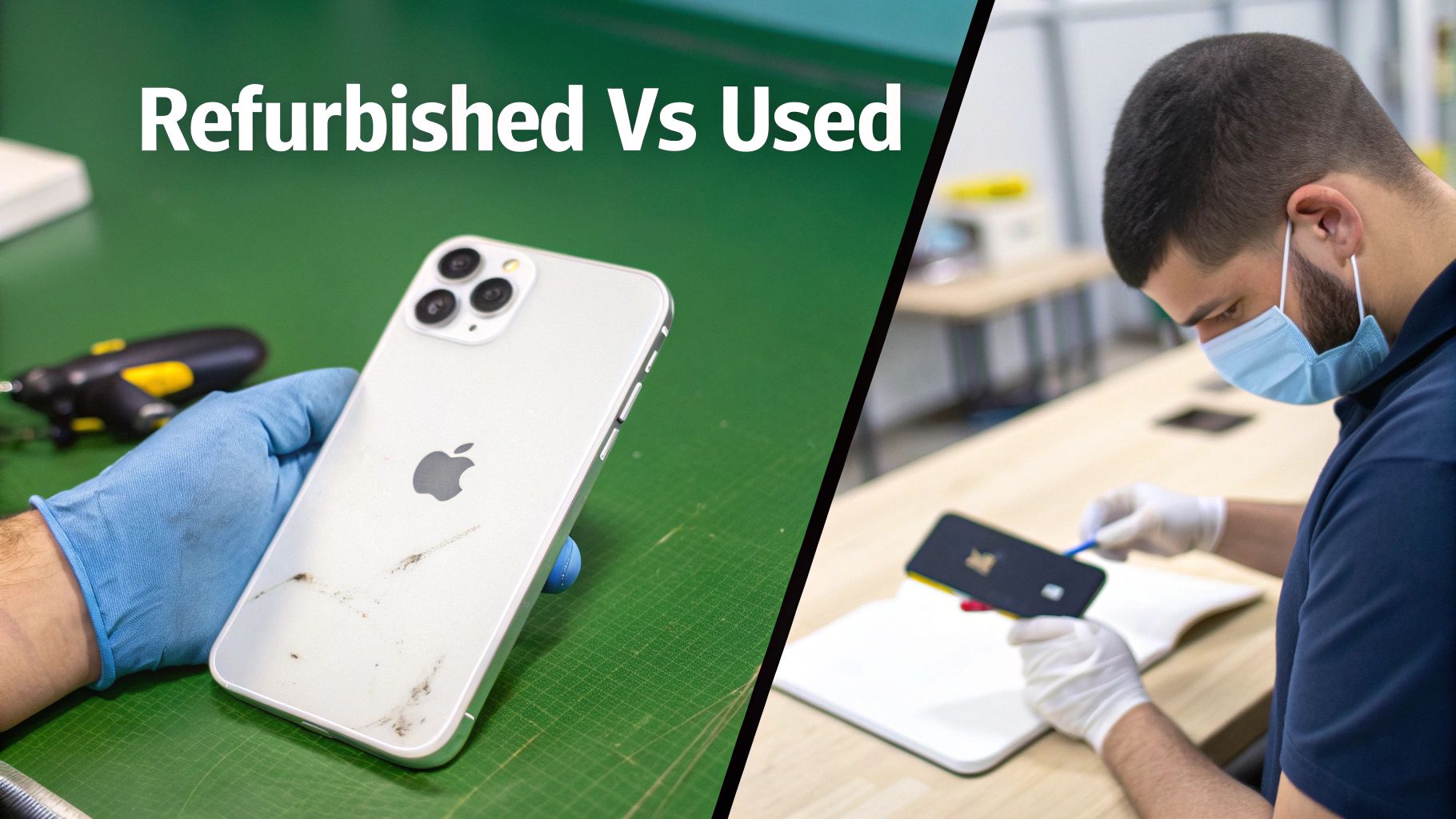 A split image shows a dirty, used iPhone next to a technician refurbishing a phone component.