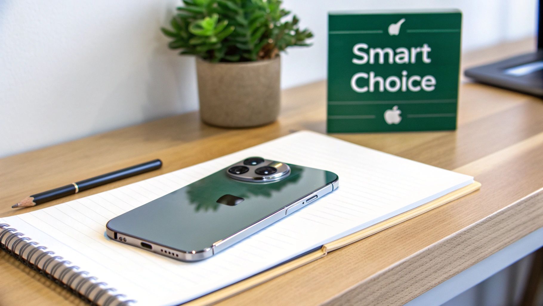 A green iPhone 13 Pro lies on a notebook with a pencil, plant, and 'Smart Choice' sign on a wooden desk.