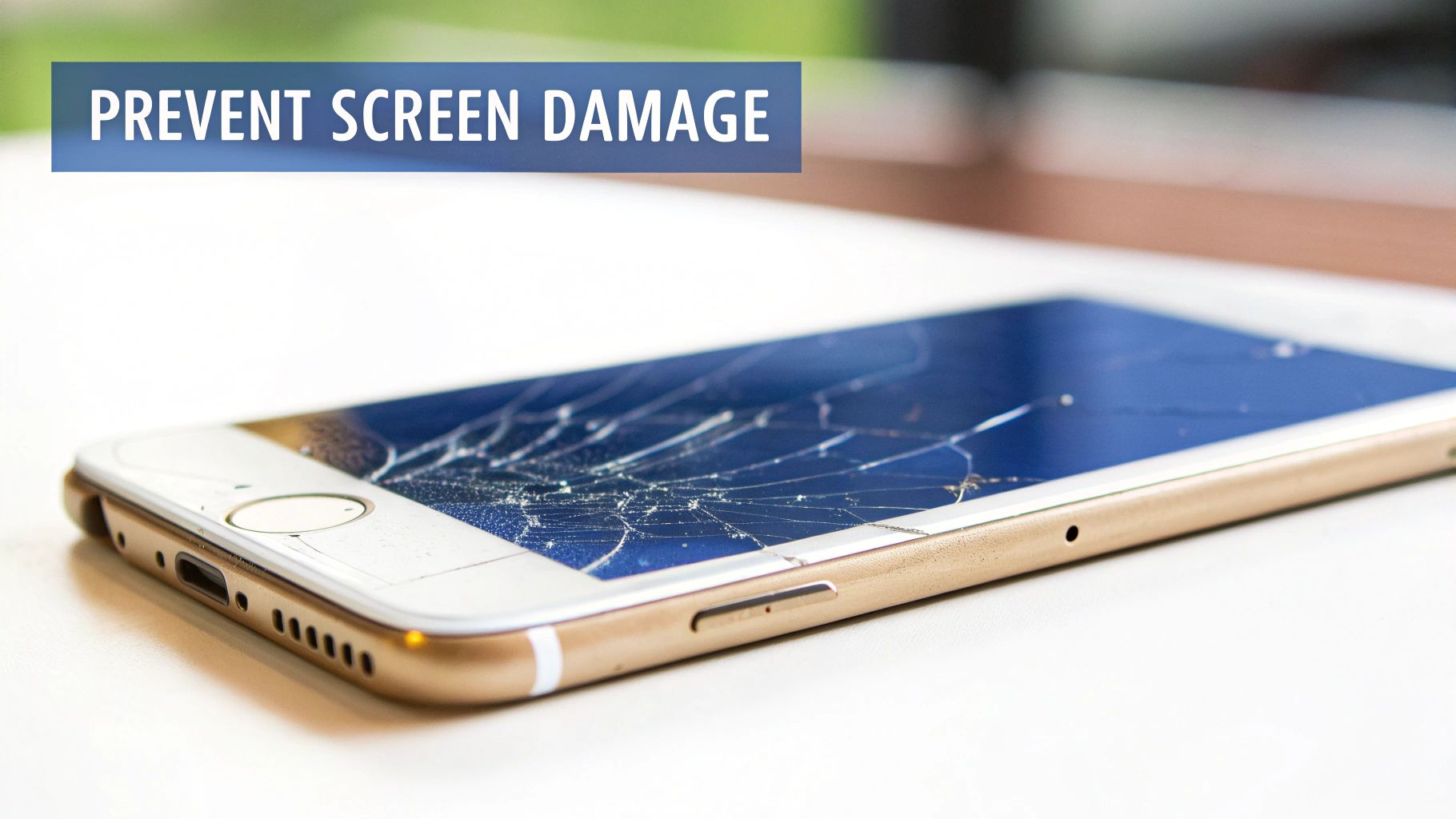 A gold smartphone with a severely cracked screen, highlighting the importance of preventing screen damage.