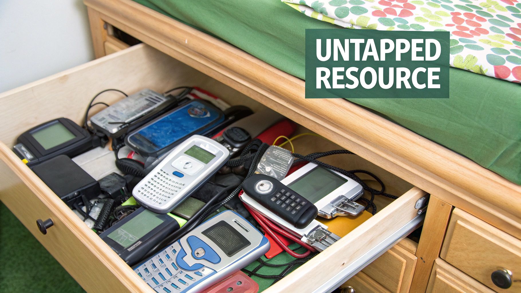 Several old mobile phones neatly arranged on a wooden surface, ready for recycling.