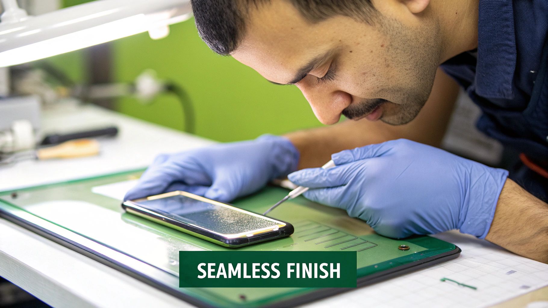 A technician in blue gloves meticulously applies UV adhesive glue to a smartphone screen for a seamless finish.