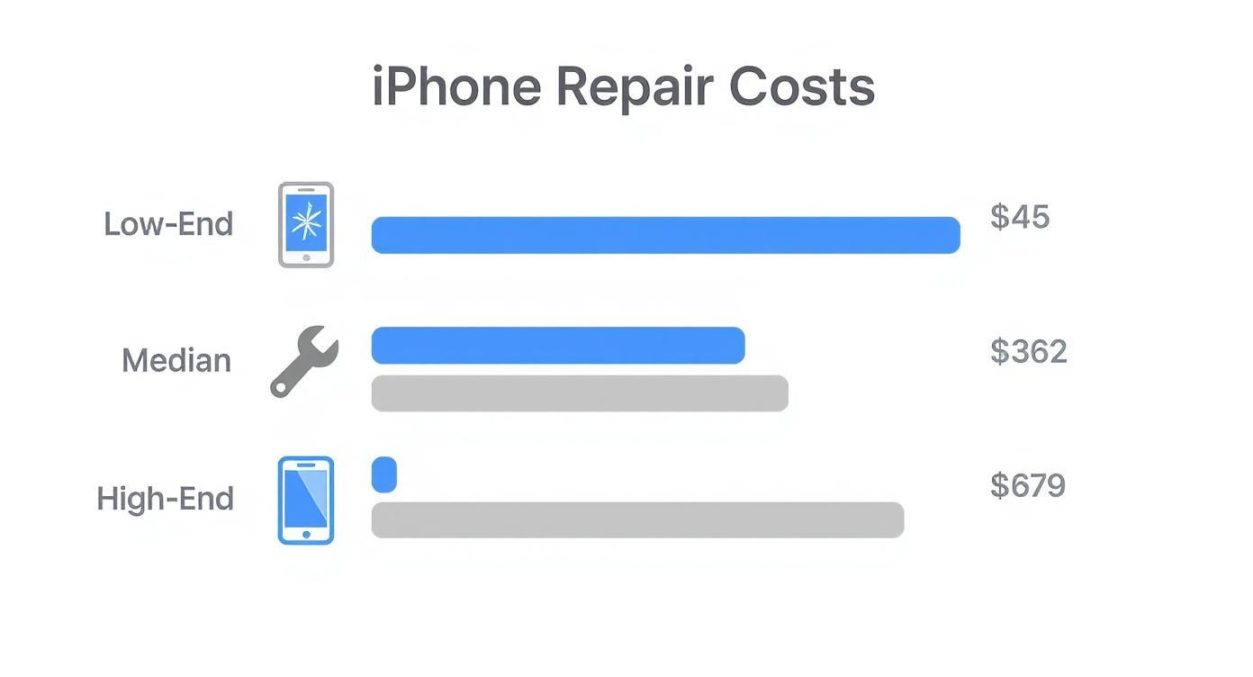 Bar chart illustrating iPhone repair costs: Low-End is $45, Median is $362, and High-End is $679.