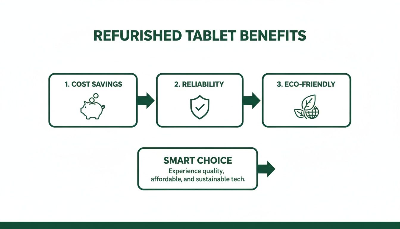 Flowchart displaying refurbished tablet benefits: cost savings, reliability, and eco-friendly choice for sustainable tech.