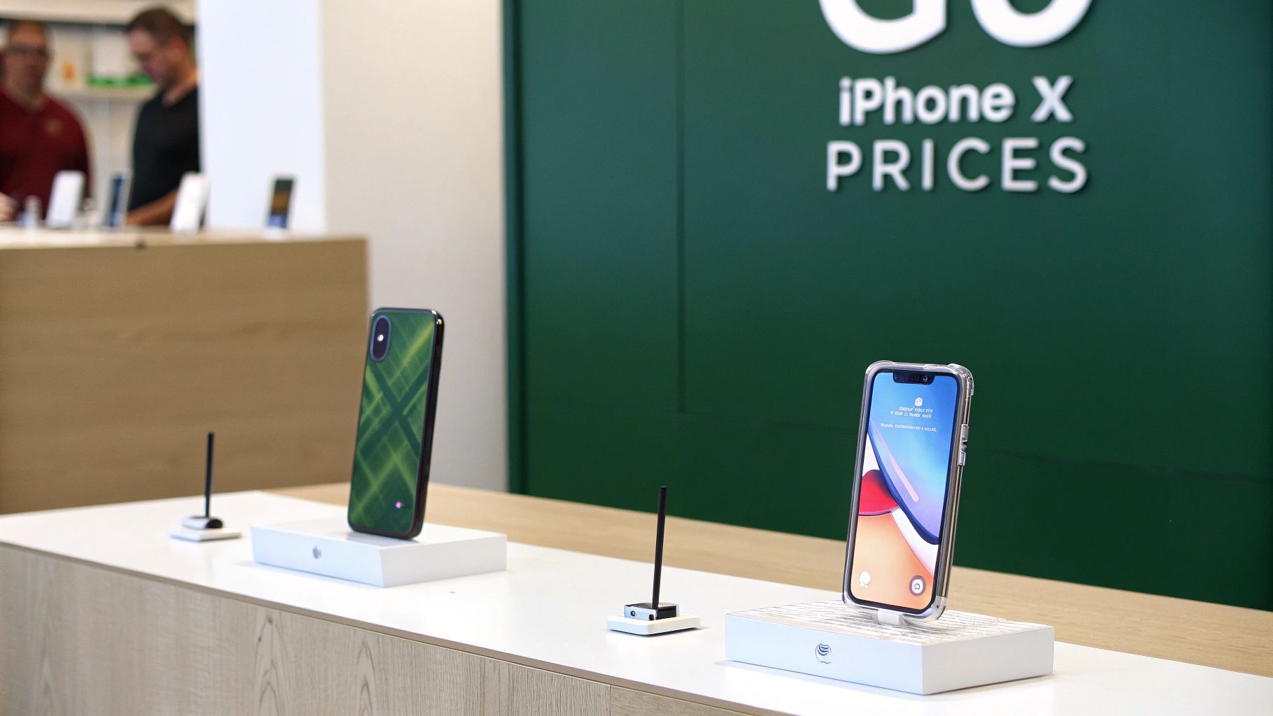 Two iPhone X phones displayed in a store, with a 'PRICES' sign visible on a green wall.
