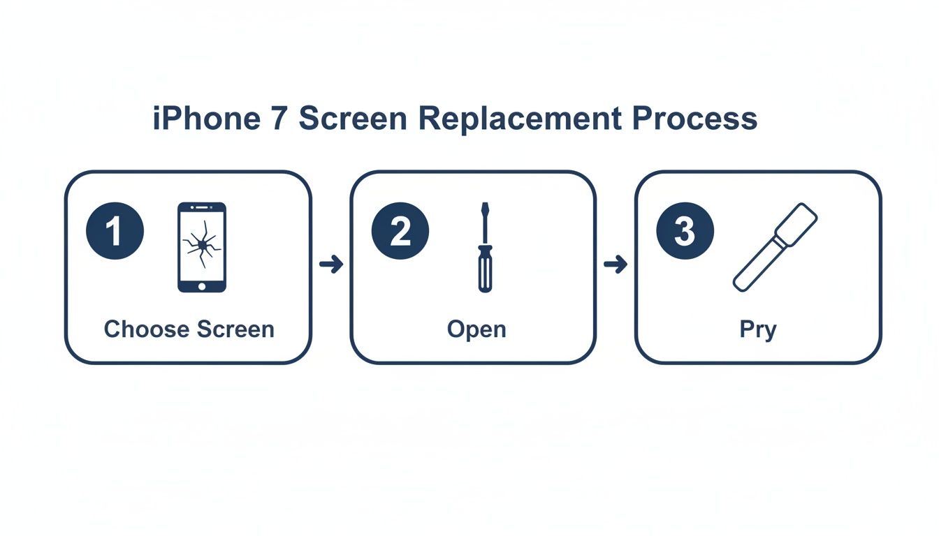 Diagram illustrating three steps for iPhone 7 screen replacement: choose screen, open with screwdriver, and pry.