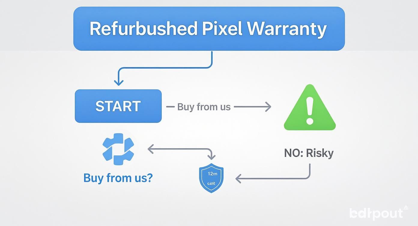 Flowchart explaining refurbished Google Pixel warranty process, showing buying options and risks.