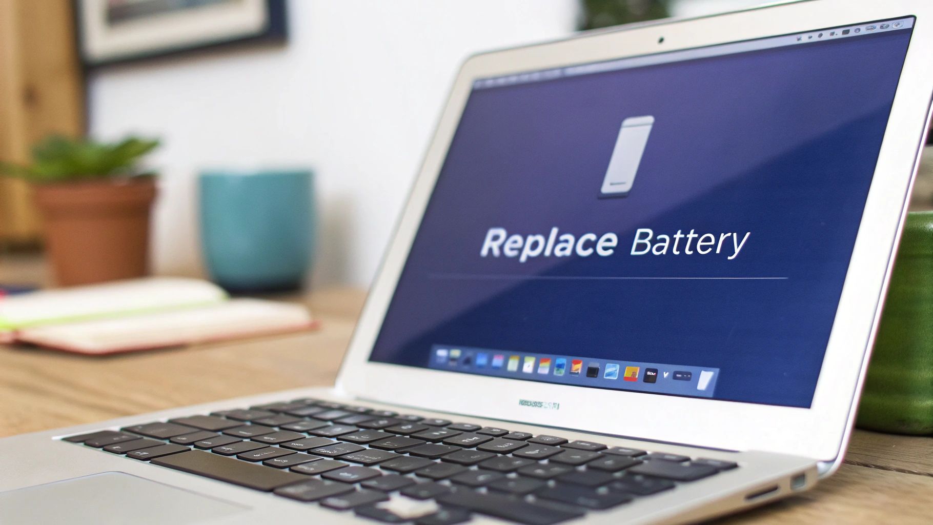 A MacBook Air laptop displays a 'Replace Battery' message on its screen, resting on a wooden desk.