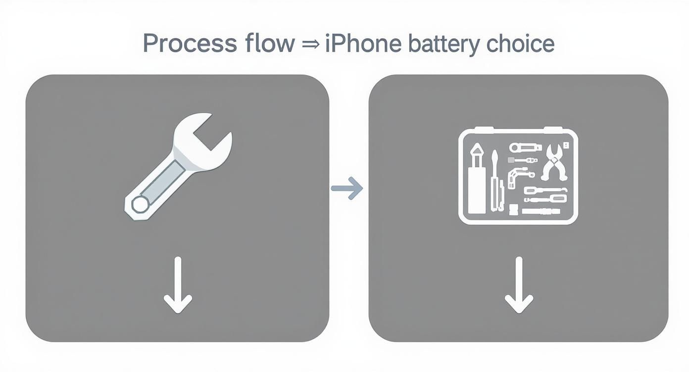 Infographic comparing the process flow of a professional iPhone battery repair versus a DIY kit.