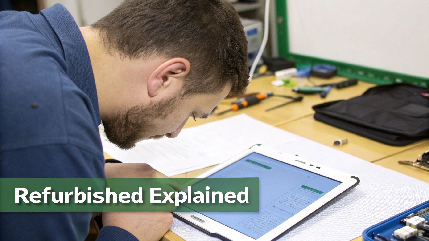 A man intently reads information about refurbished electronics on a tablet device.