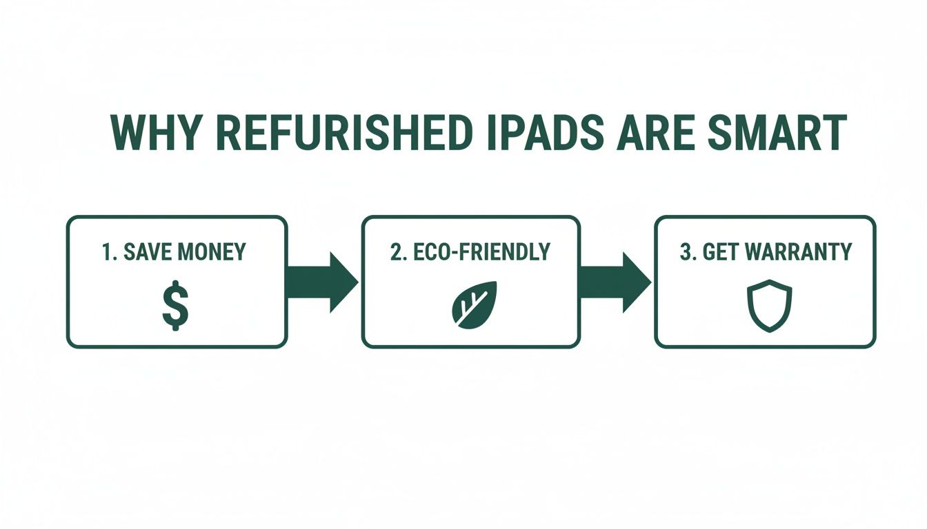 A clear diagram outlining three smart reasons to choose refurbished iPads: save money, eco-friendly, and warranty.