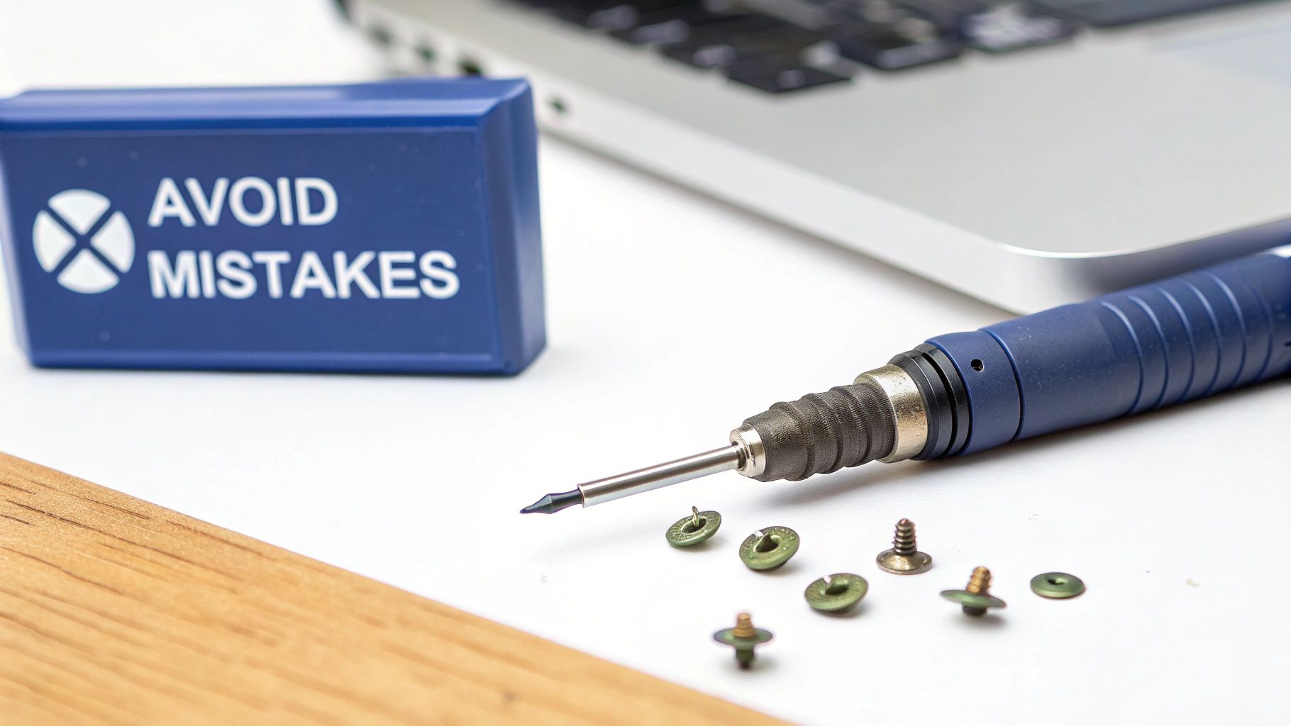 A precision screwdriver, small screws, and an 'AVOID MISTAKES' box on a desk with a laptop.