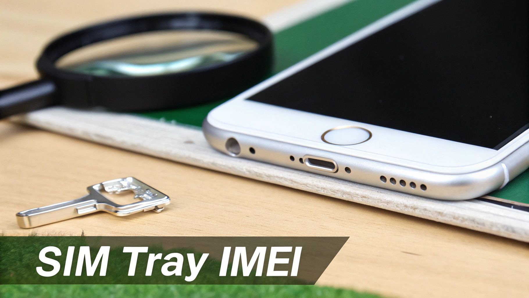 A silver iPhone, a SIM tray ejector tool, and a magnifying glass on a wooden surface.