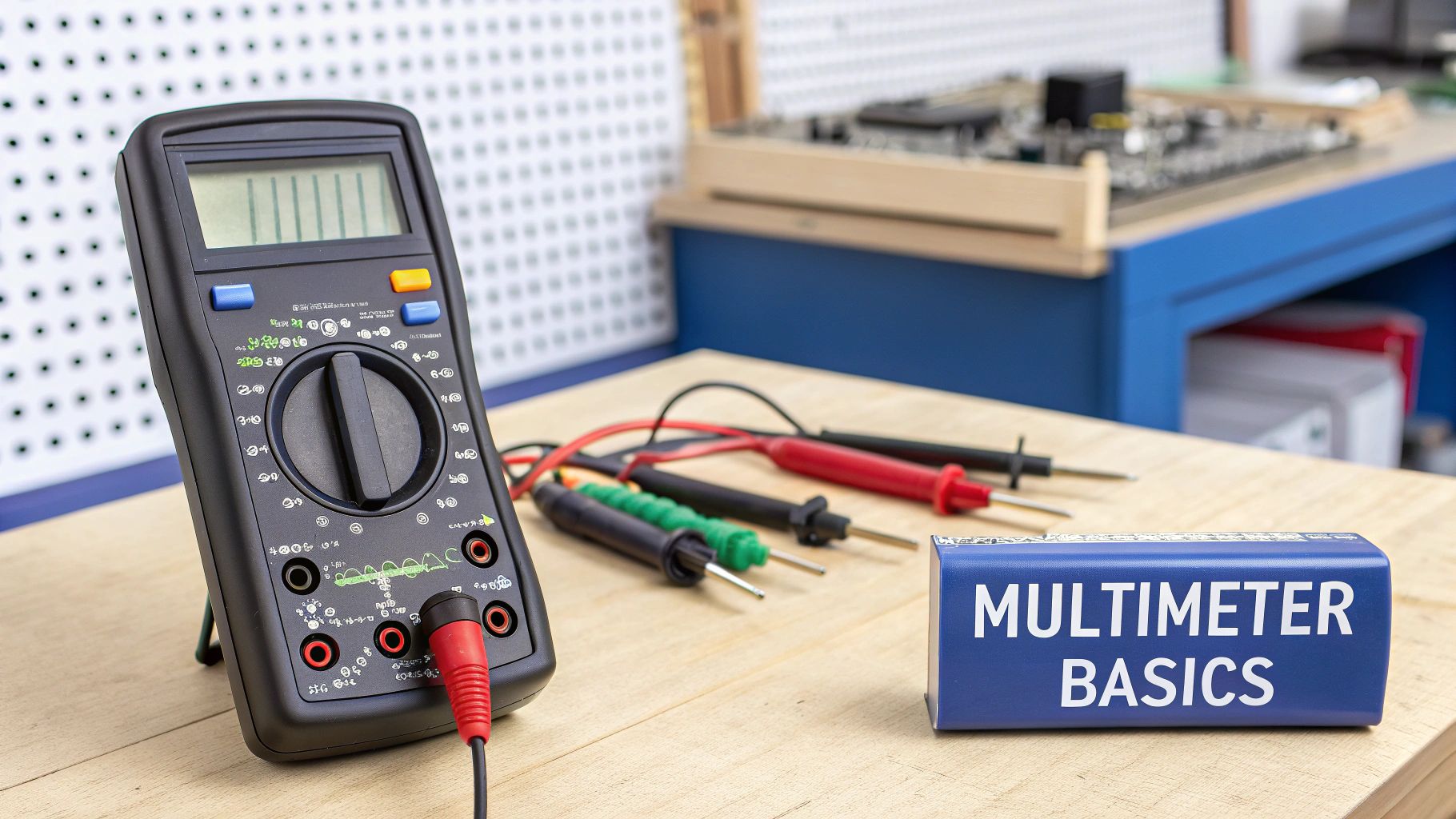 A black digital multimeter, test leads, and a 'Multimeter Basics' box on a workbench.
