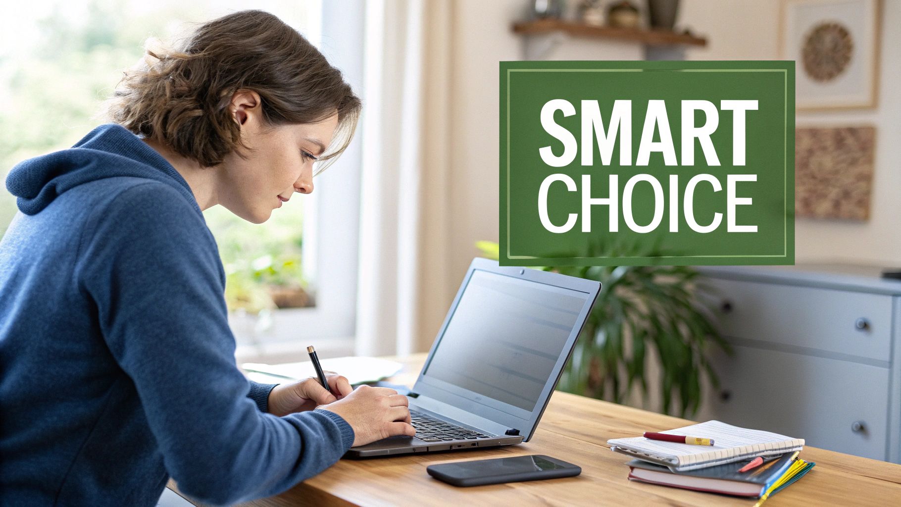A person working on a used laptop in a bright, modern cafe setting.