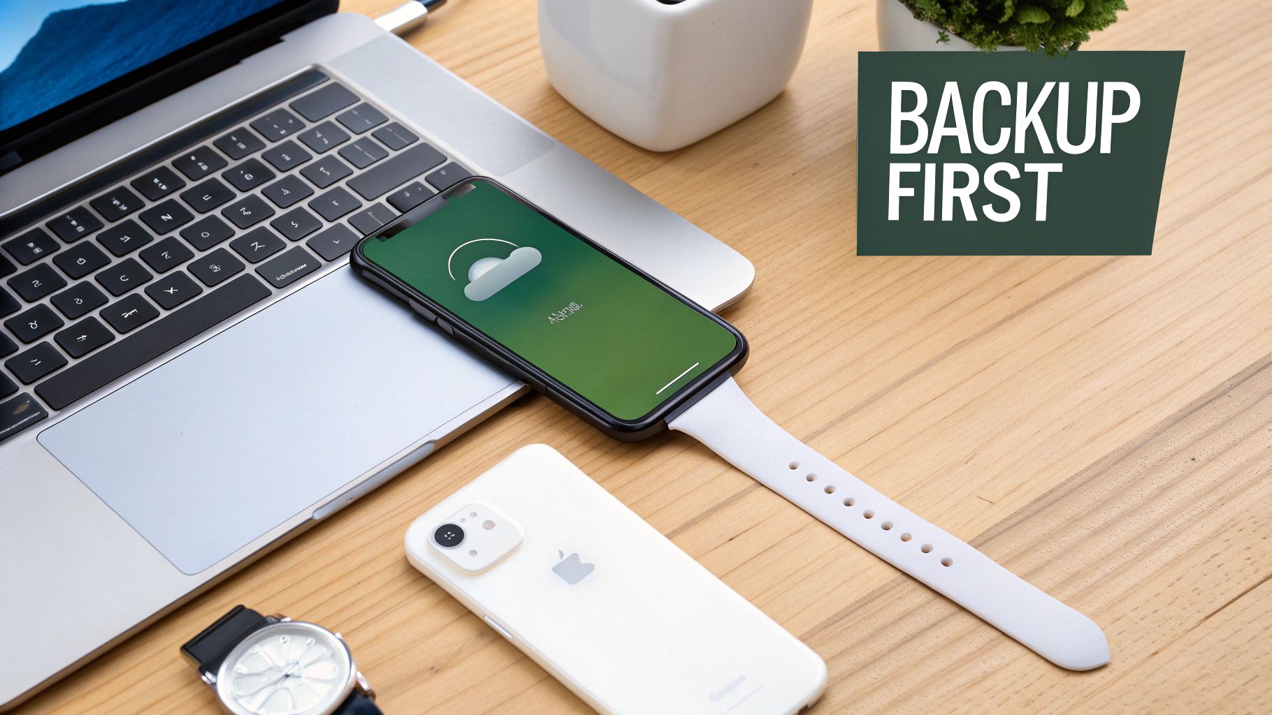 An iPhone displaying a cloud icon, connected to a charger, resting on a laptop with a 'Backup First' sign.