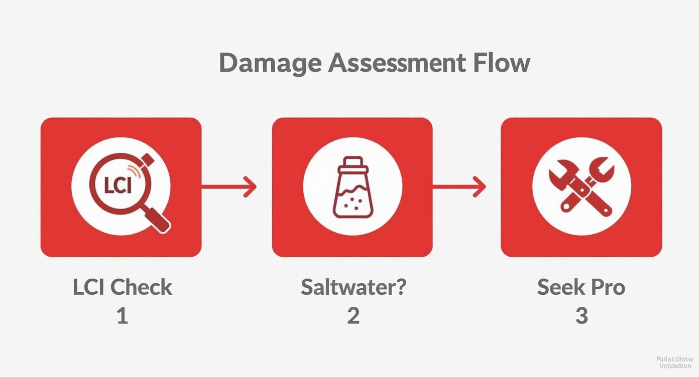 An infographic showing the damage assessment process for a water-damaged phone, with icons for LCI Check, Saltwater, and Seek Pro.
