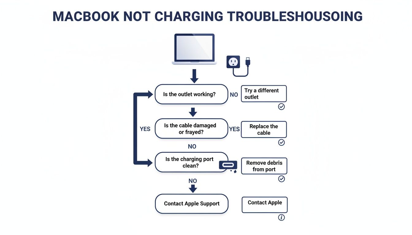 Troubleshooting flowchart for a MacBook that is not charging, covering outlet, cable, and port checks.