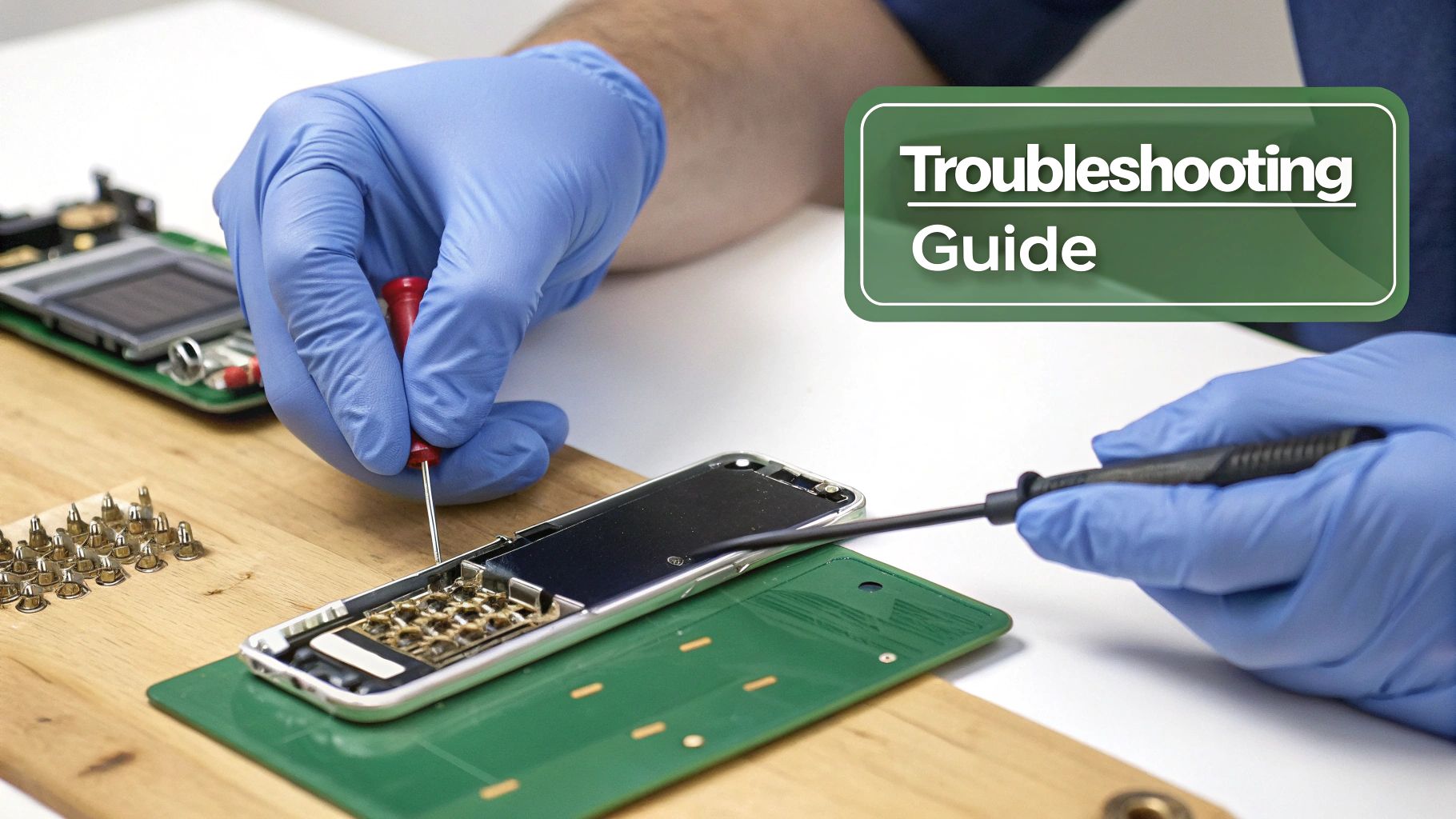 A person in blue gloves repairing an open smartphone with screwdrivers on a wooden desk, next to a troubleshooting guide.
