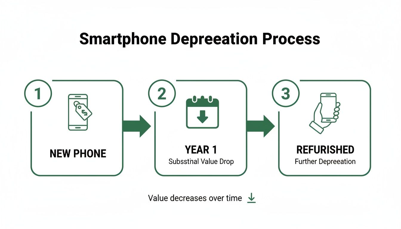 Infographic illustrating the smartphone depreciation process: new phone, value drop in year 1, then refurbished.