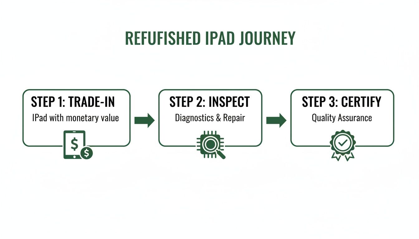 Flowchart illustrating the three-step refurbished iPad journey: trade-in, inspect, and certify process.