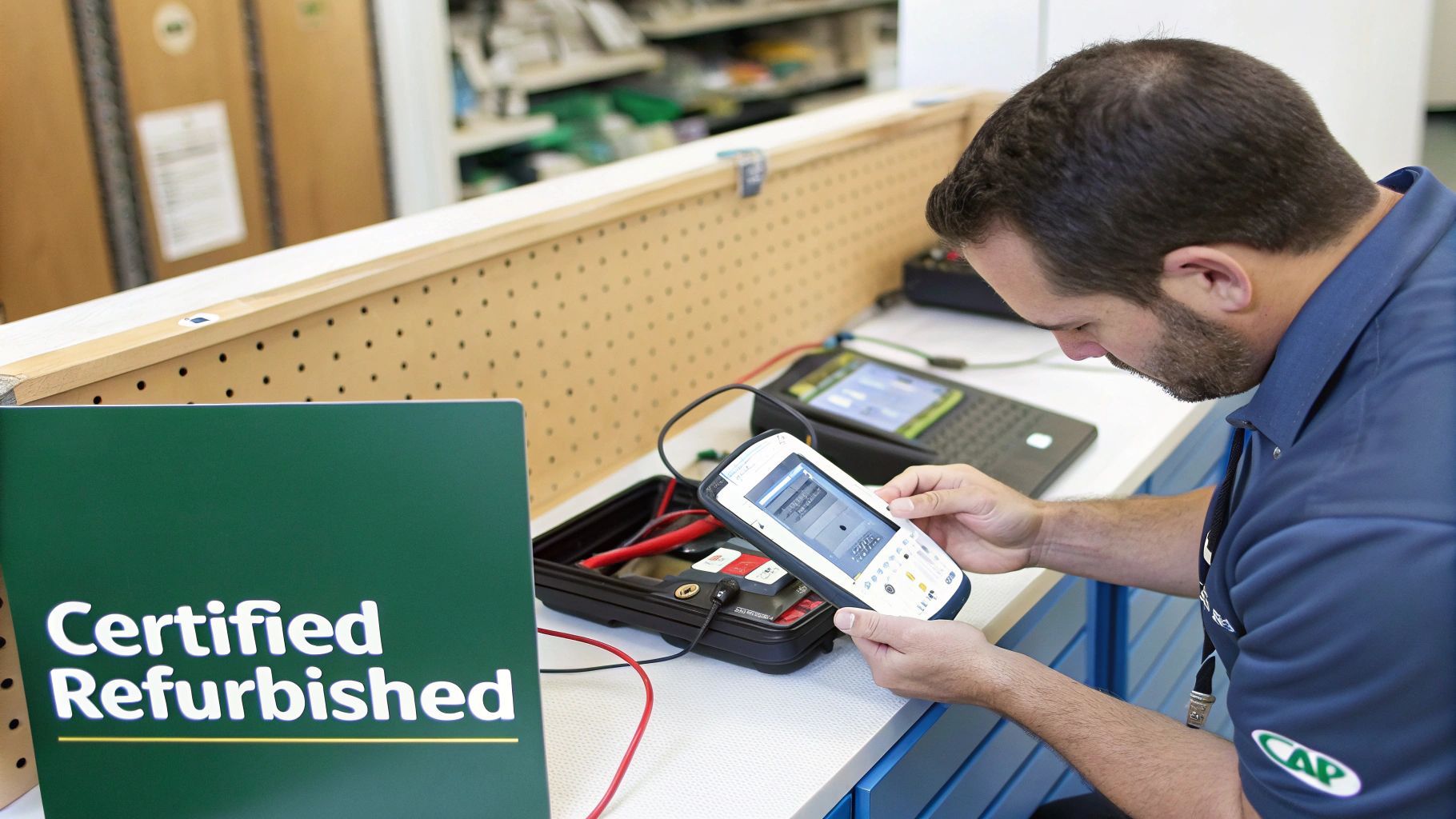 A man carefully inspects a handheld electronic device on a workbench next to a "Certified Refurbished" sign.
