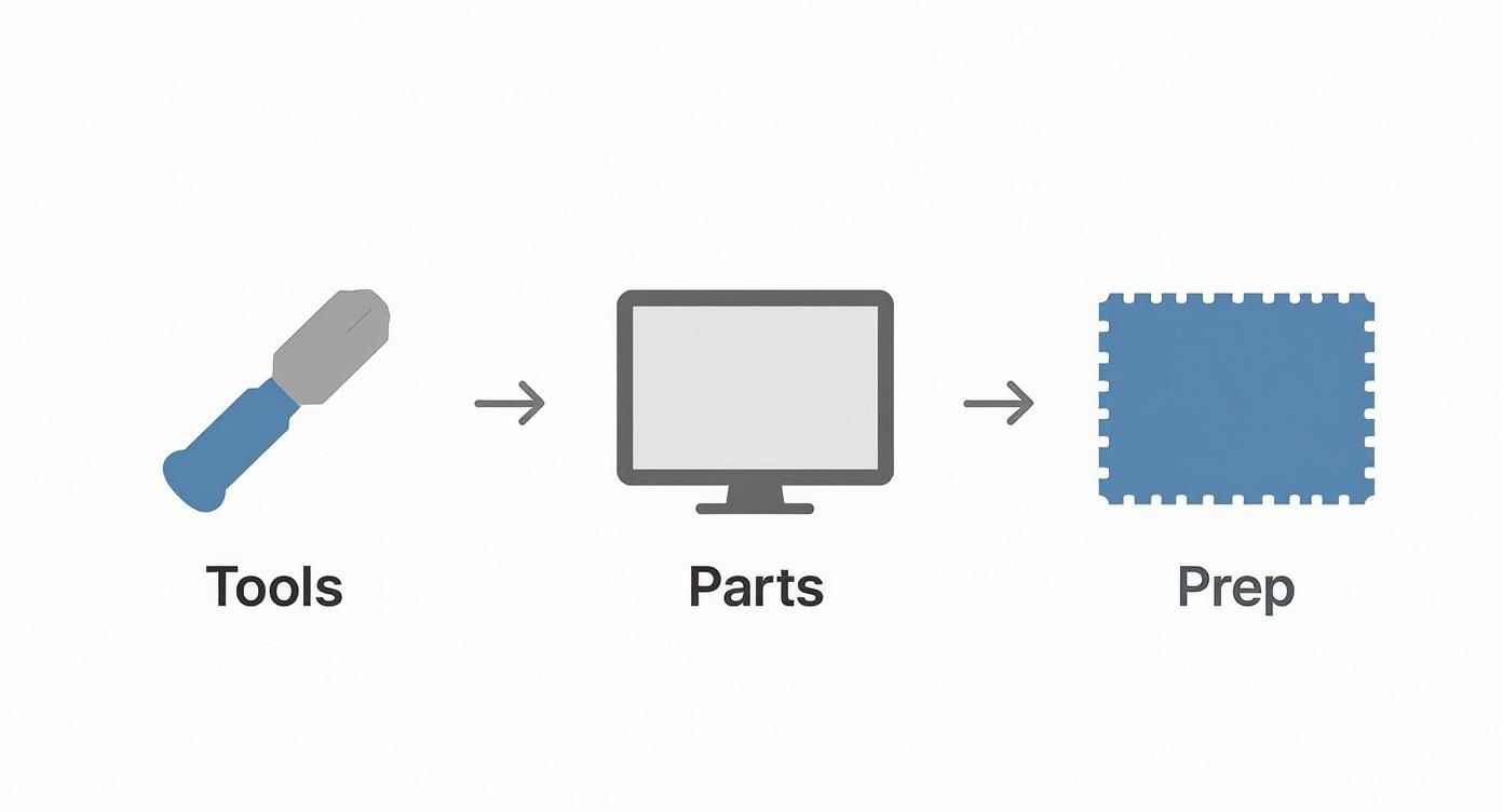 Flowchart illustrates a process sequence: 'Tools' (chisel icon) → 'Parts' (monitor icon) → 'Prep' (perforated rectangle).